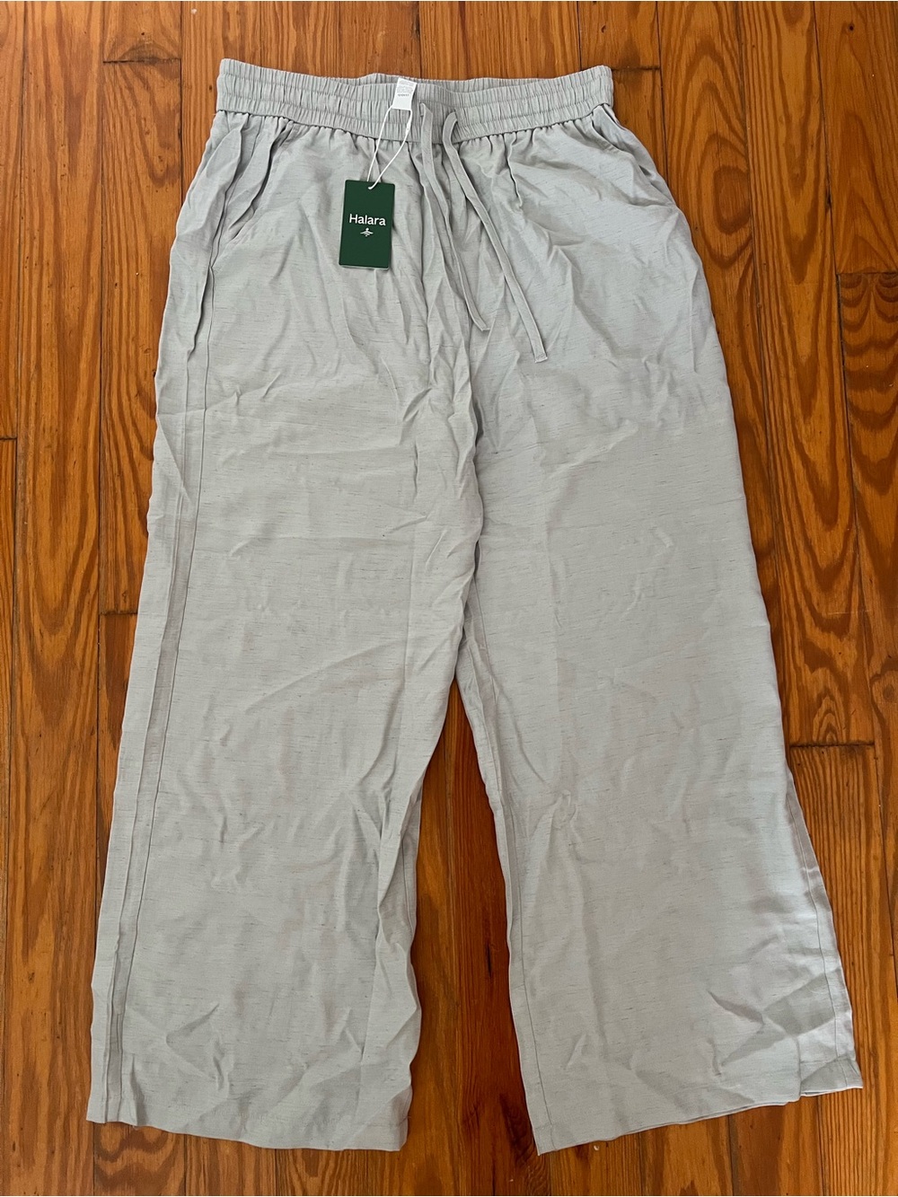 Halara Women’s Light Gray High waist Linen Blend Drawstring Pants Pockets Large